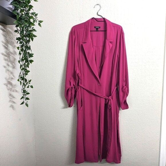 Torrid Lightweight Chiffon Drape Trench Coat Fuchsia 3/4 Sleeve Pockets Plus 5X - Picture 3 of 11